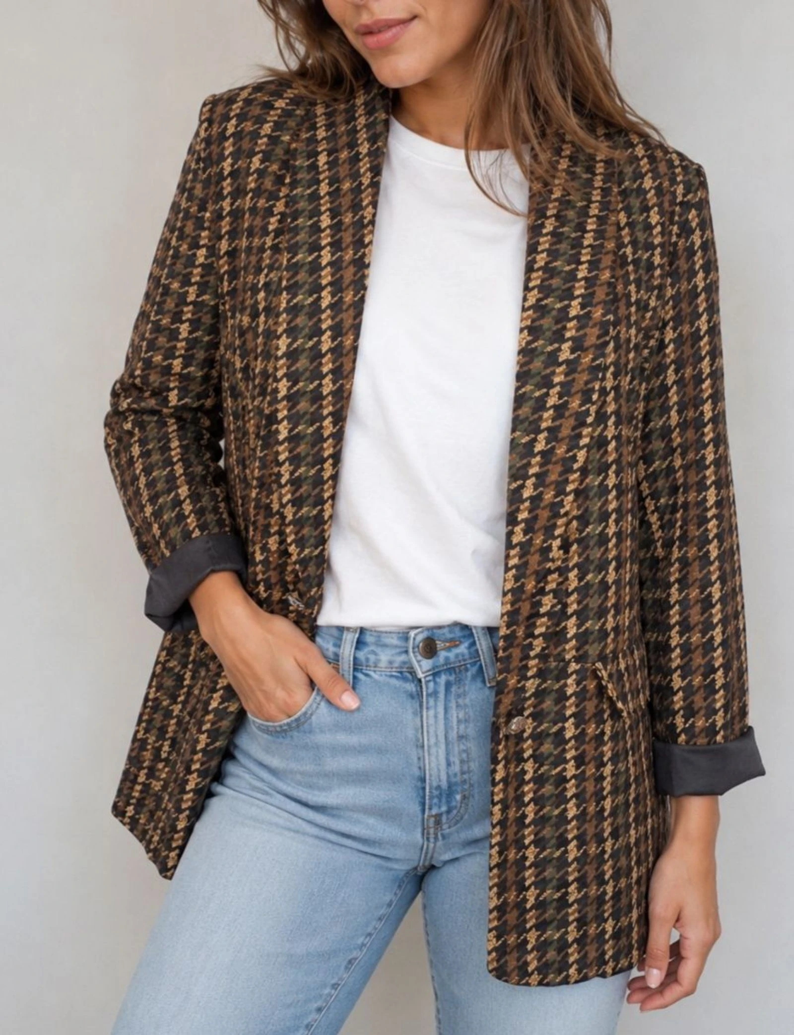 Oversized Houndstooth Blazer in Bruine Tinten • Volledig gevoerd • Maat M • Vintage Chic – photo 5